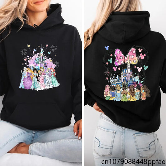 Black hoodie with colorful Disney-themed design on front and back, worn by a person.