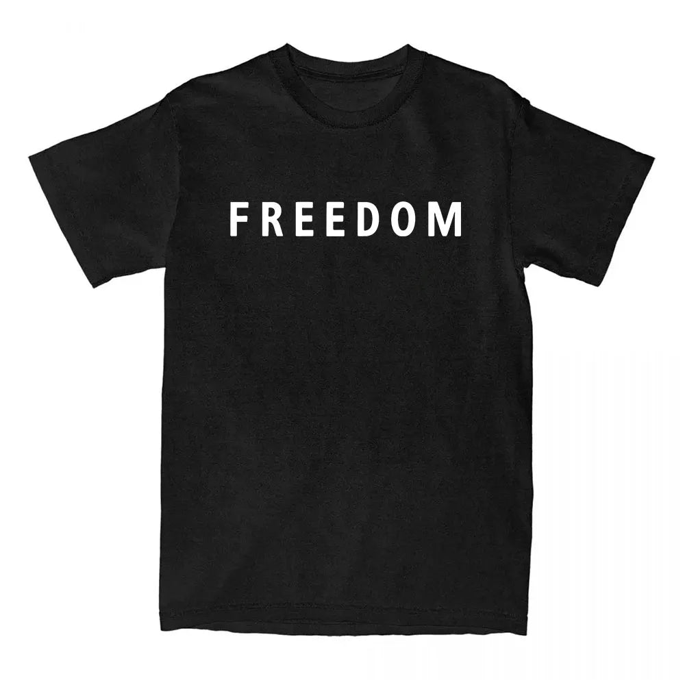 Black t-shirt with 'FREEDOM' printed in white on a white background