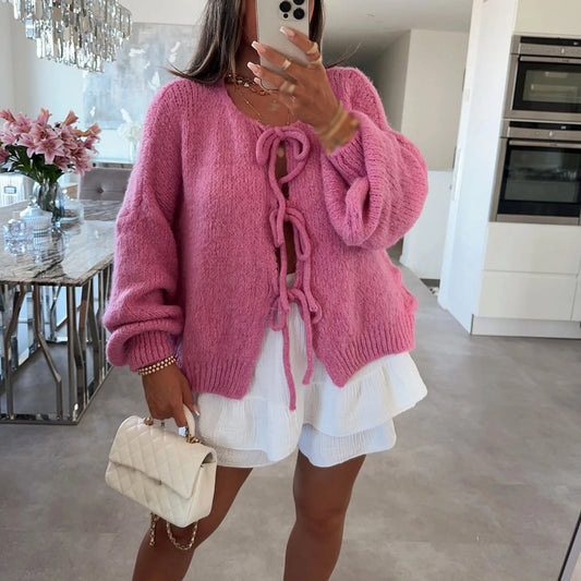 Knitwear Lace-Up Hollow Out Cardigan Top Women's Patchwork Fashion Autumn High Street Clothes Knit Y2k Bandage Cardigan