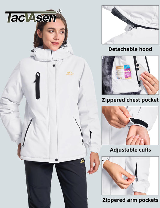 TACVASEN Womens Winter Thermal Jackets Warm Fleece Lined Waterproof Jacktes Snow Ski Hood Coat Mountain Snowboarding Windbreaker