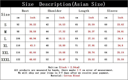 Size description chart for clothing with measurements in centimeters and inches.