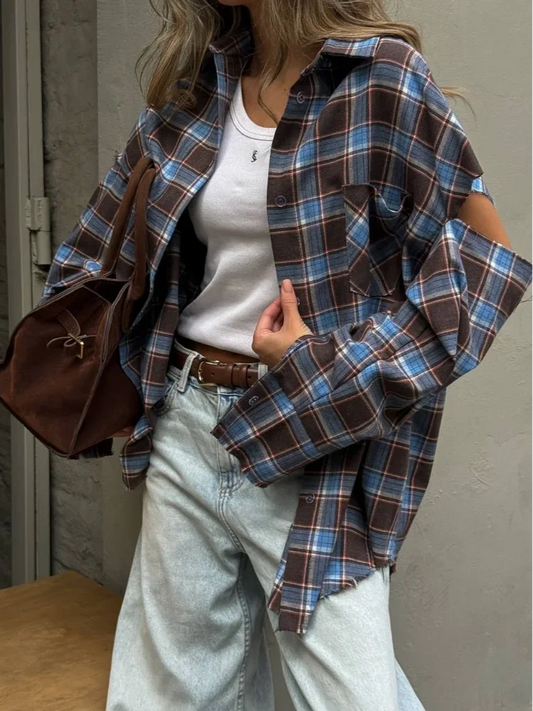 Fashion Checkered Pattern Shirts Women Elegant Lapel Long Sleeve Single Breasted Pocket Loose Top 2025 Daily Street Outerwear