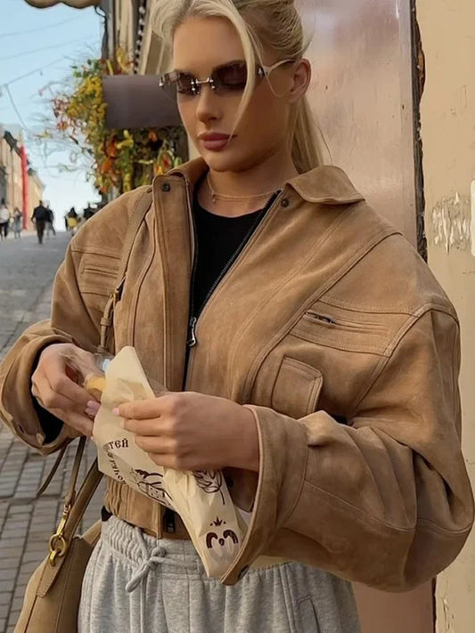 Solid Suede Zipper Short Jacket Women's Retro Full Sleeve Lapel Collar Pocket Elastic Waist Loose Overcoat Lady High Streetwear