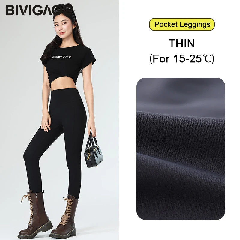 BIVIGAOS Autumn Winter Fleece Pocket Sharkskin Leggings Women High Waist Tight-Fit Velvet Thickened Warm Sports Running Leggings