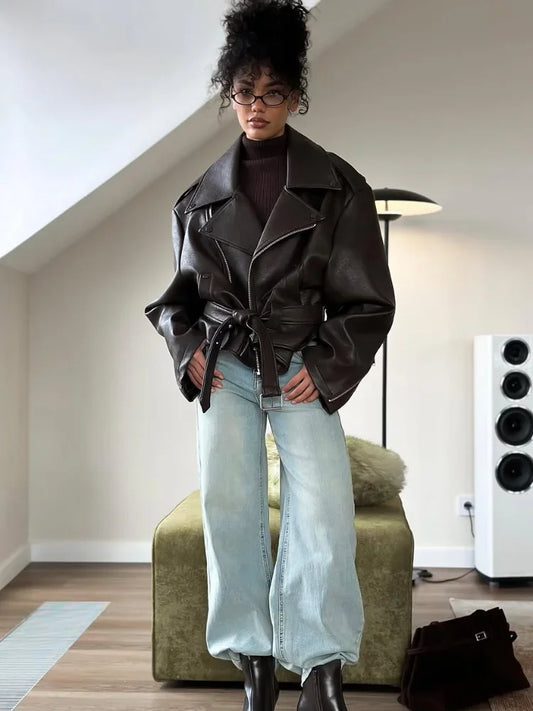 Casual Dark Red Zipper Leather Short Jackets Women Long Sleeve Lace Up Lapel Loose Button Coat Lady Daily High Street Wear 2025