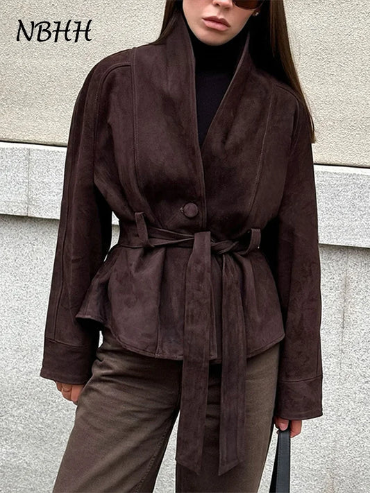 2025 Autumn New Belt Suede Jackets Women Lapel Long Sleeve One Button Lace Up Jacket Vintage Brown Loose Lady Outerwears Street