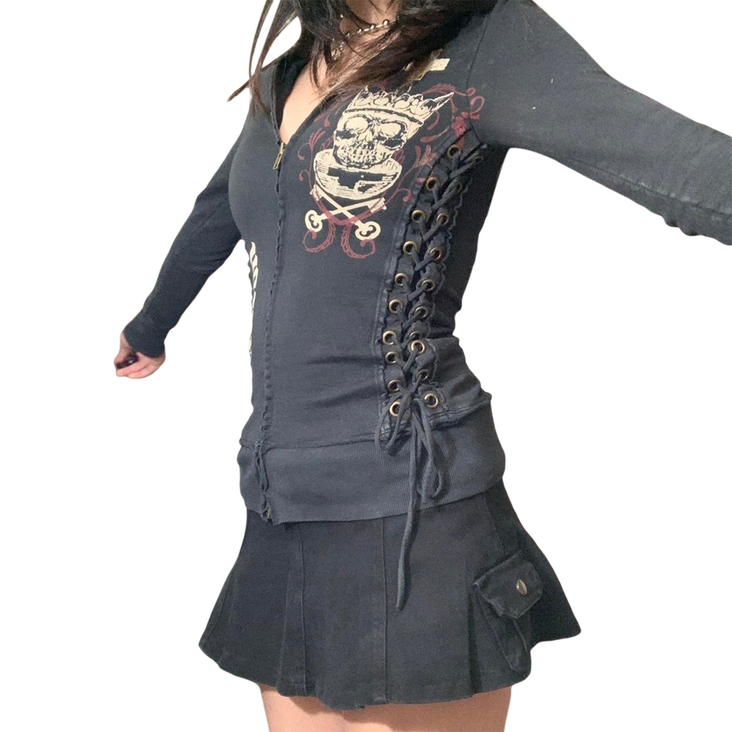 Dark gray corset-style dress with lace-up front on a white background