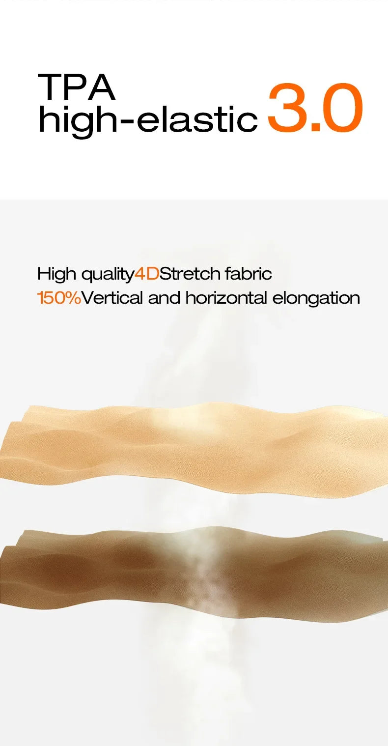 Advertisement for TPA high-elastic 3.0 fabric with stretch demonstration on a white background.