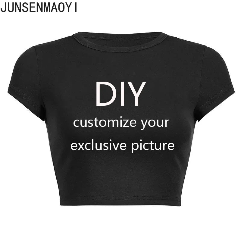 Black crop top with white text 'DIY customize your exclusive picture' on a white background