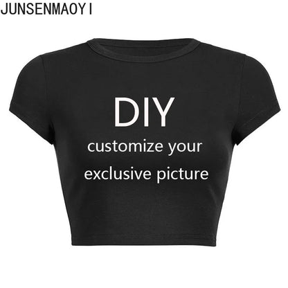 Black crop top with white text 'DIY customize your exclusive picture' on a white background