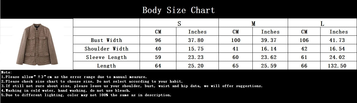 Body size chart for a jacket with measurements in centimeters and inches.