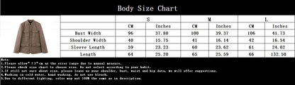 Body size chart for a jacket with measurements in centimeters and inches.