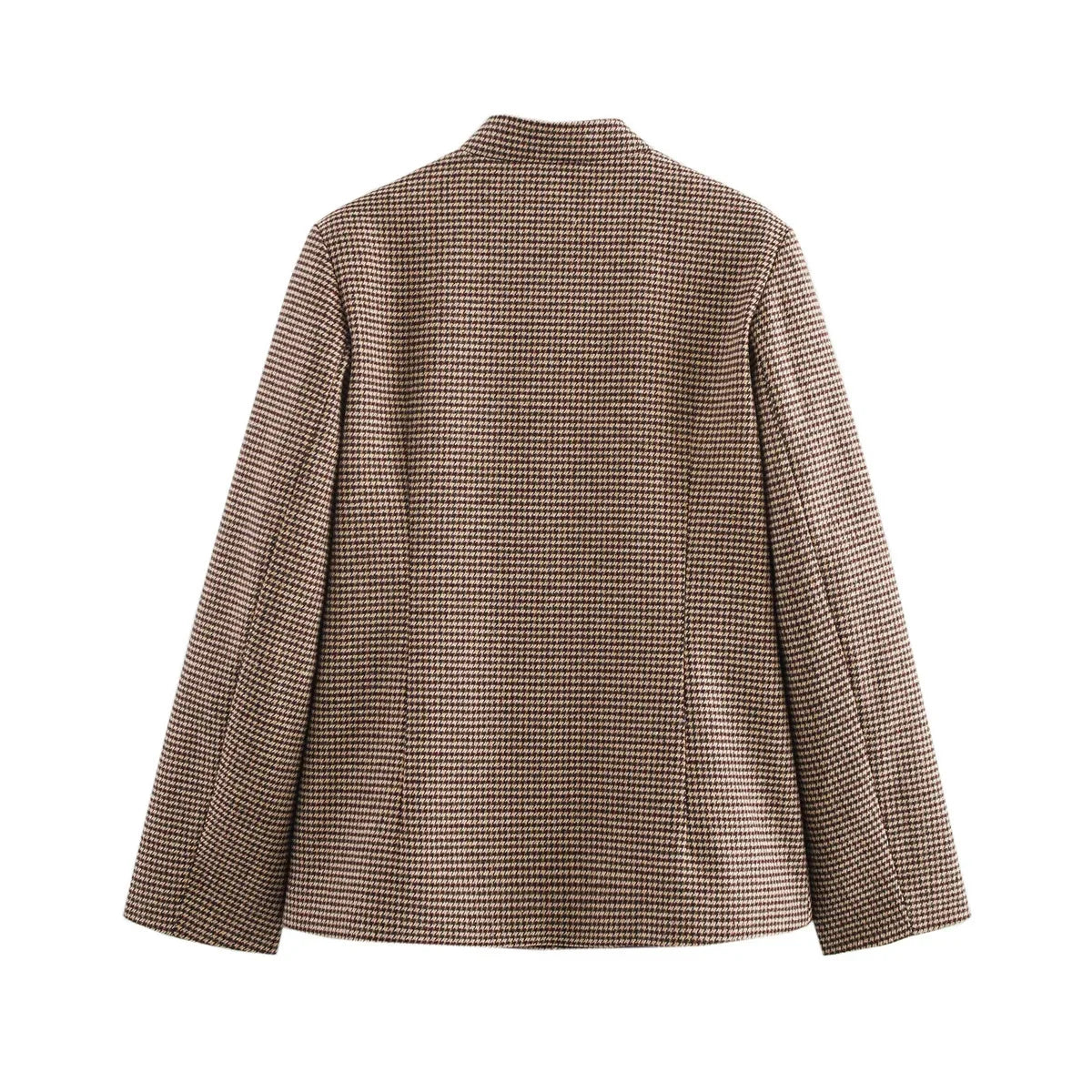 Back view of a brown checkered jacket on a white background