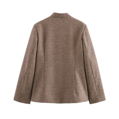 Back view of a brown checkered jacket on a white background