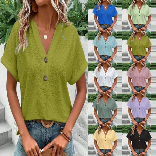 Woman wearing a green blouse with button details, surrounded by smaller images of her in different colored blouses.