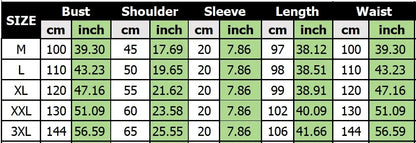 Measurement chart for clothing sizes M to 3XL with dimensions in centimeters and inches.