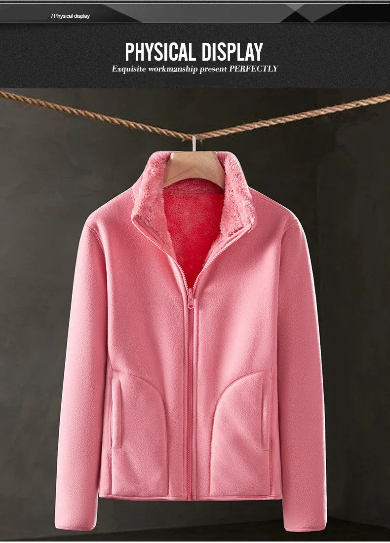 Pink fleece jacket on a hanger against a dark background with text overlay.