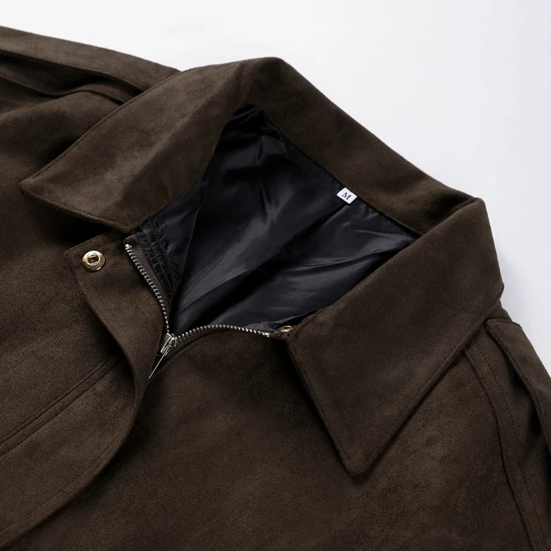 Brown jacket with a close-up of the collar and zipper on a white background