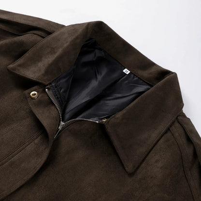 Brown jacket with a close-up of the collar and zipper on a white background