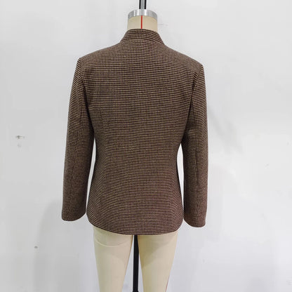 Brown checkered blazer on a mannequin against a white background