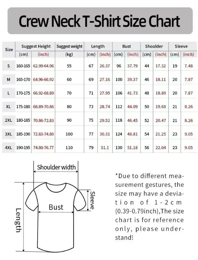 Crew neck t-shirt size chart with measurements
