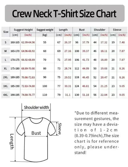 Crew neck t-shirt size chart with measurements