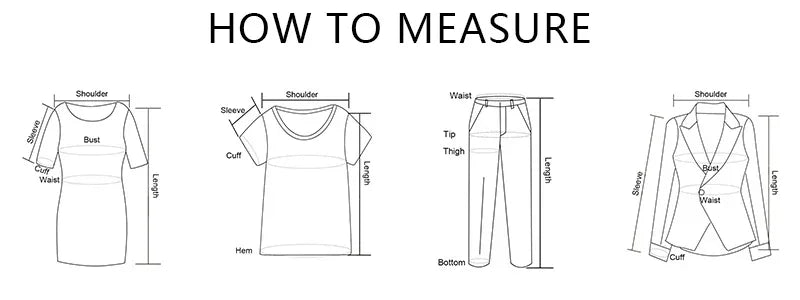 Diagram showing how to measure different clothing items with labeled parts.