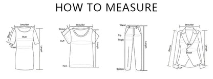 Diagram showing how to measure different clothing items with labeled parts.