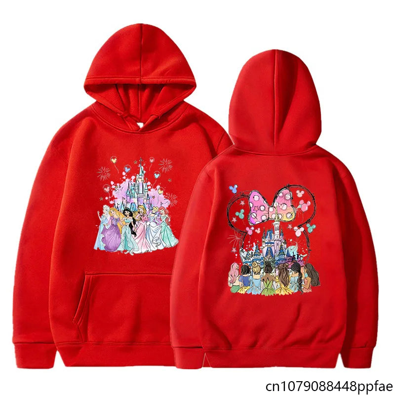 Red hoodie with Disney princess design on front and back