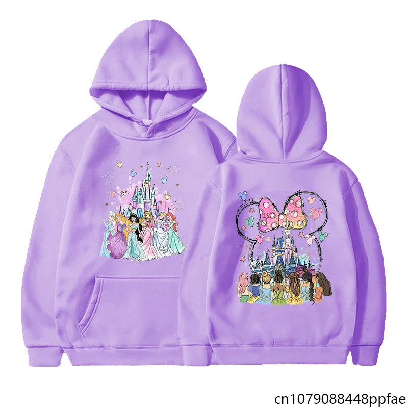 Purple hoodie with Disney-themed graphics on a white background