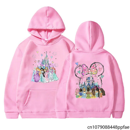 Pink hoodie with Disney princesses and castle design on front and back