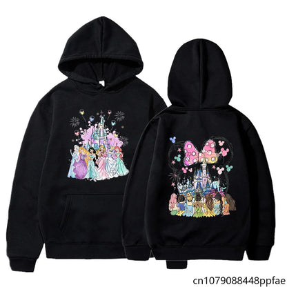 Black hoodie with colorful Disney-themed design on front and back