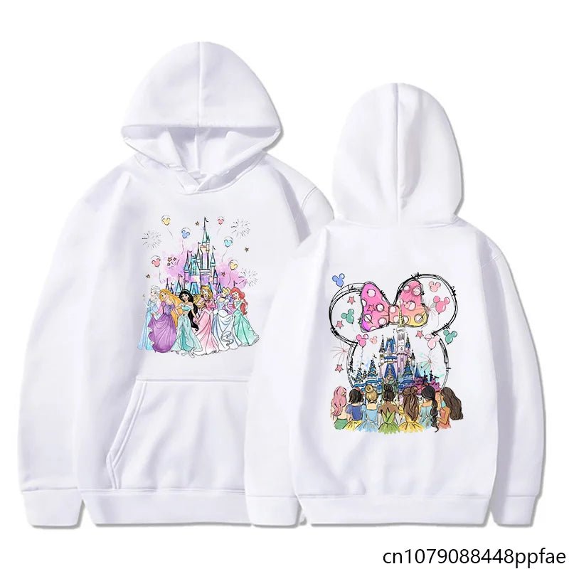 White hoodie with Disney-themed designs on a white background