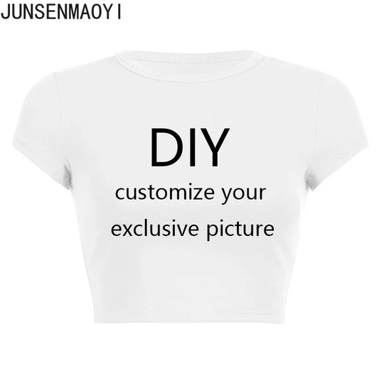 White crop top with black text 'DIY customize your exclusive picture' on a white background