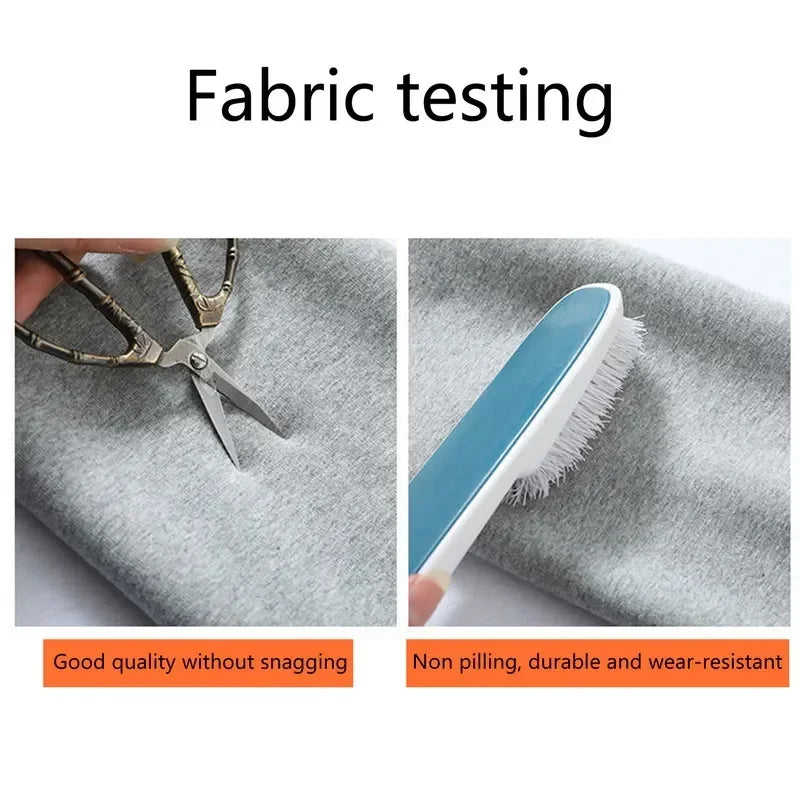 Fabric testing with scissors and a brush on gray fabric, labeled 'Good quality without snagging' and 'Non-pilling, durable and wear-resistant'.