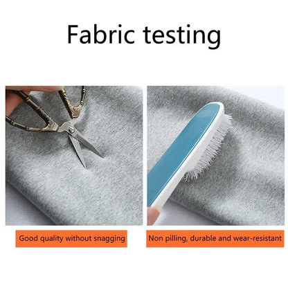Fabric testing with scissors and a brush on gray fabric, labeled 'Good quality without snagging' and 'Non-pilling, durable and wear-resistant'.