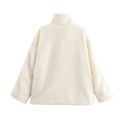 Beige fleece jacket on a white background
