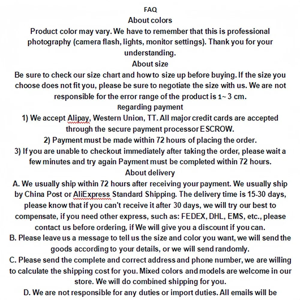 Text-based FAQ about product colors, size, payment methods, and delivery on a white background.