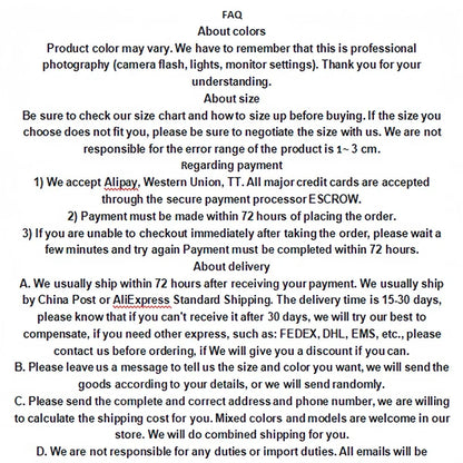 Text-based FAQ about product colors, size, payment methods, and delivery on a white background.