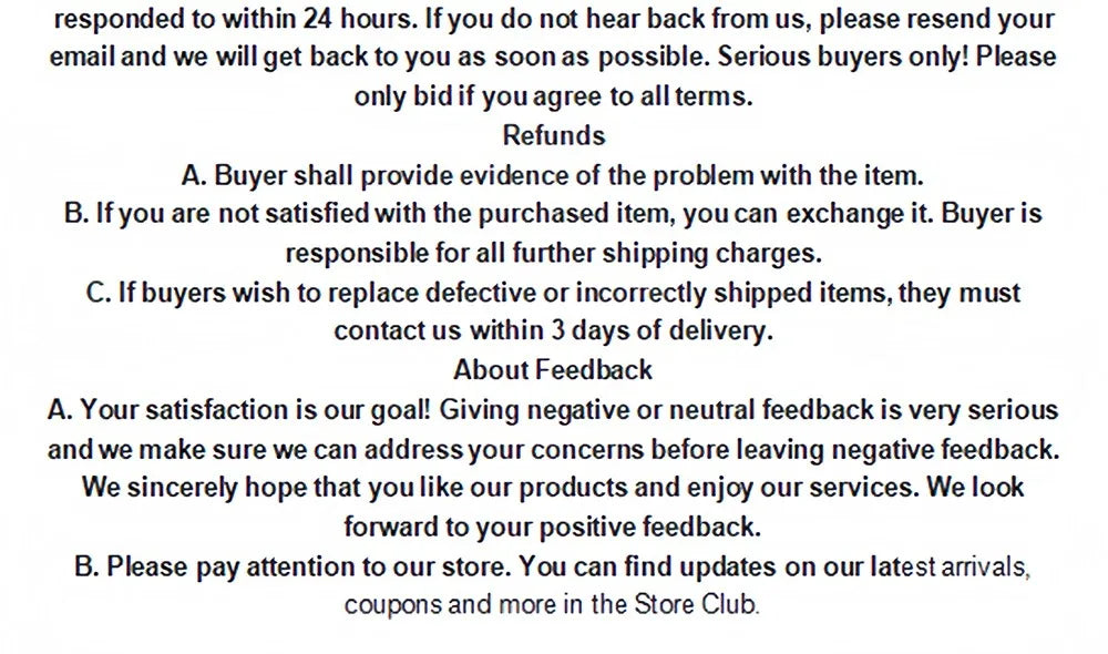 Text-based document with refund and feedback policies on a white background