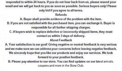 Text-based document with refund and feedback policies on a white background