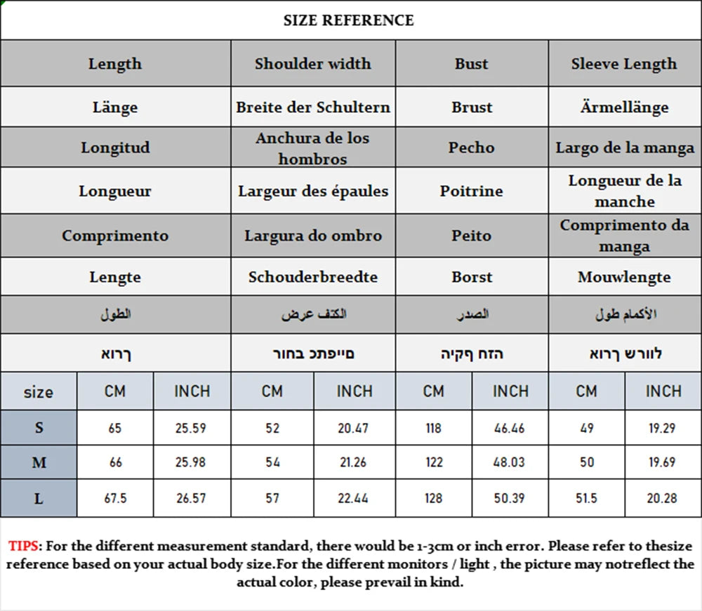 Size reference chart for clothing with measurements in centimeters and inches.