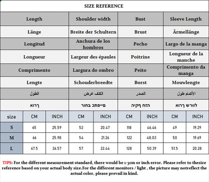 Size reference chart for clothing with measurements in centimeters and inches.