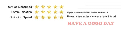 Five-star rating system with text and stars for item description, communication, and shipping speed, followed by a motivational message.