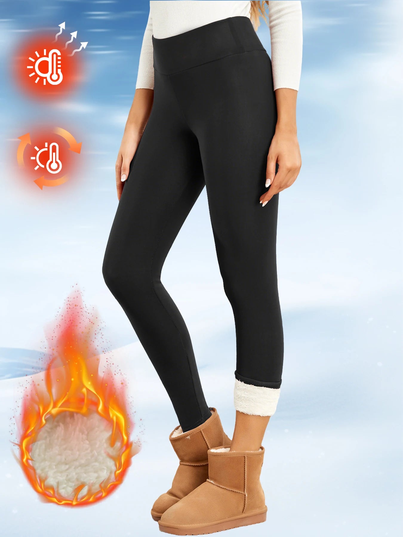 Person wearing black leggings with heating elements and brown boots on a snowy background