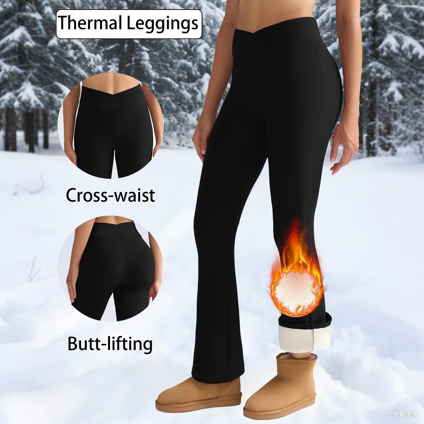 Person wearing black thermal leggings with winter scenery in the background