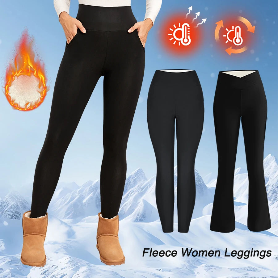 Black fleece women's leggings with a person wearing them, mountain background, and temperature icons.