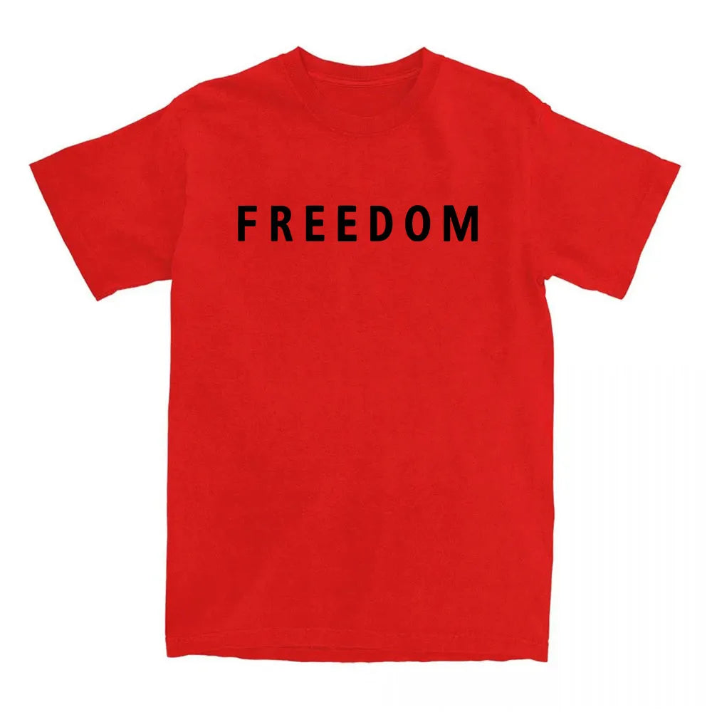 Red t-shirt with 'FREEDOM' printed in black on a white background