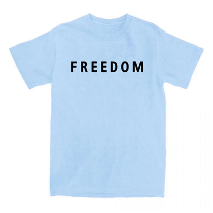 Light blue t-shirt with 'FREEDOM' printed in black on a white background
