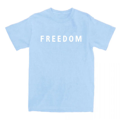 Light blue t-shirt with 'FREEDOM' printed on a white background